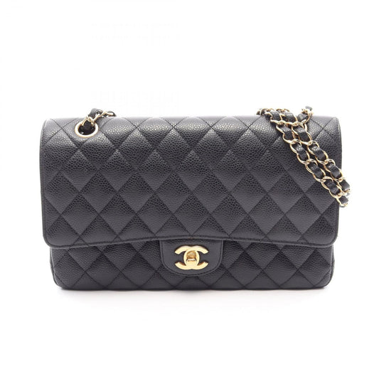 Chanel Shoulder Bag Quilted Double Flap Black Caviar Leather Chain