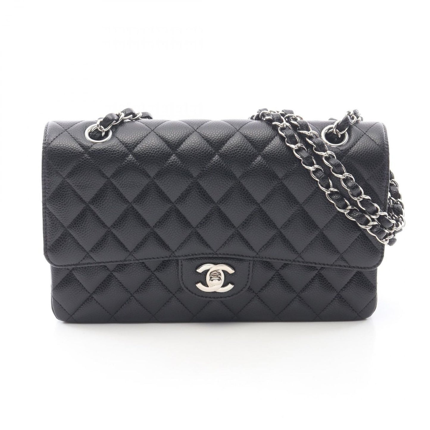 Chanel Shoulder Bag Quilted Double Flap Black Caviar Leather Chain