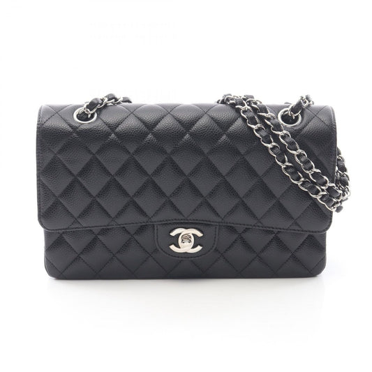 Chanel Shoulder Bag Quilted Double Flap Black Caviar Leather Chain