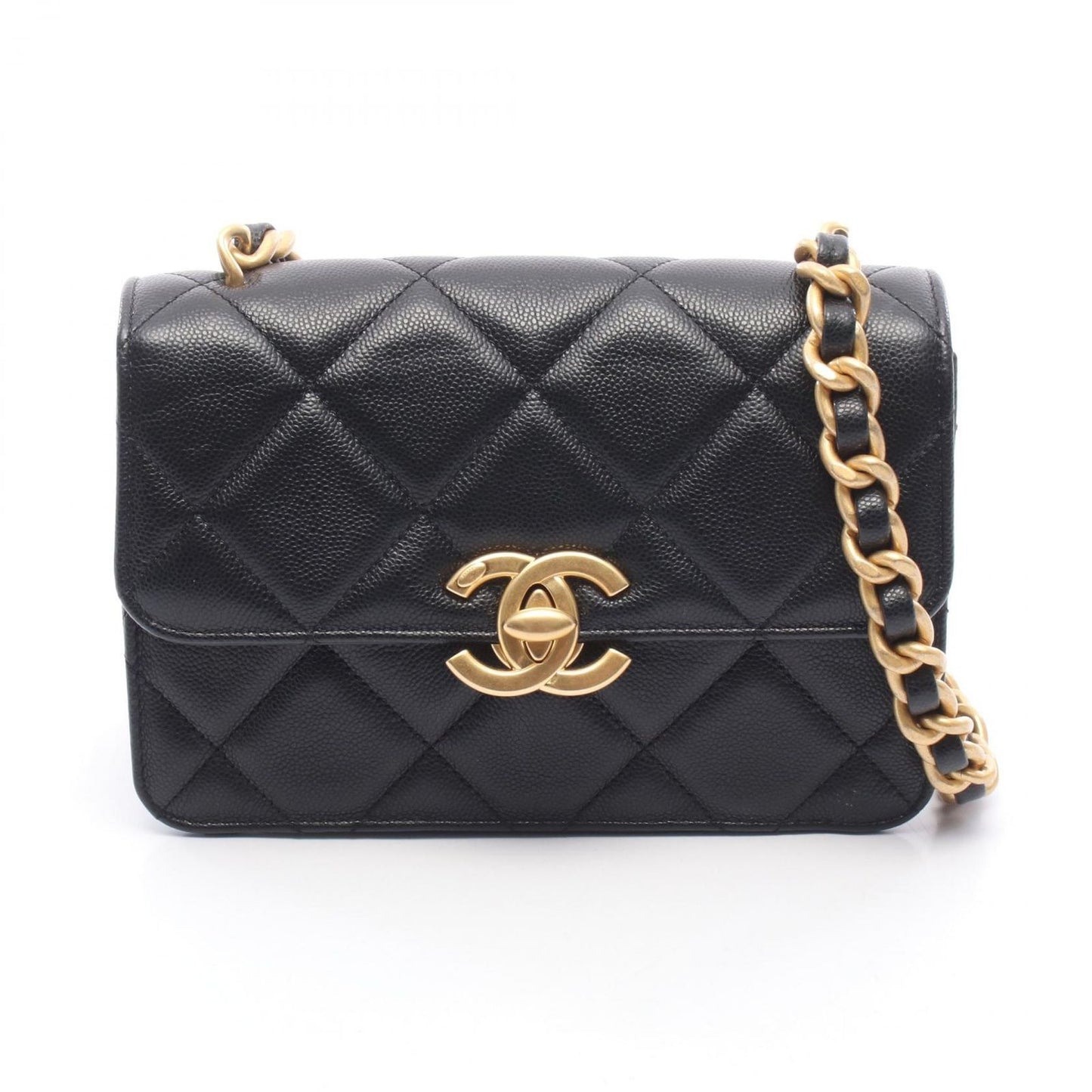 Chanel Shoulder Bag Quilted Small Flap Black Caviar Leather Chain