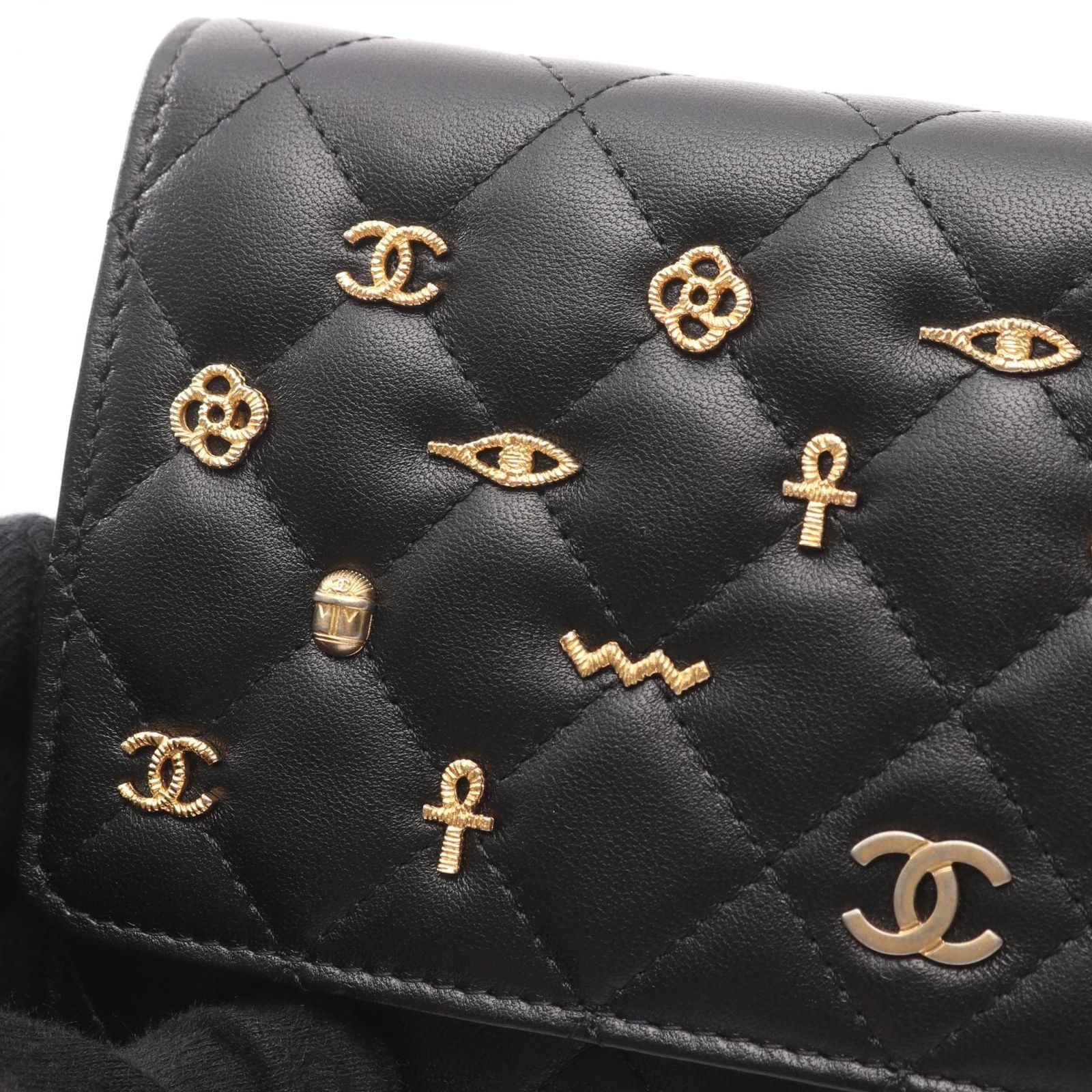 Chanel Shoulder Bag Quilted Egyptian Charm Black Lambskin Chain Wallet — view 9