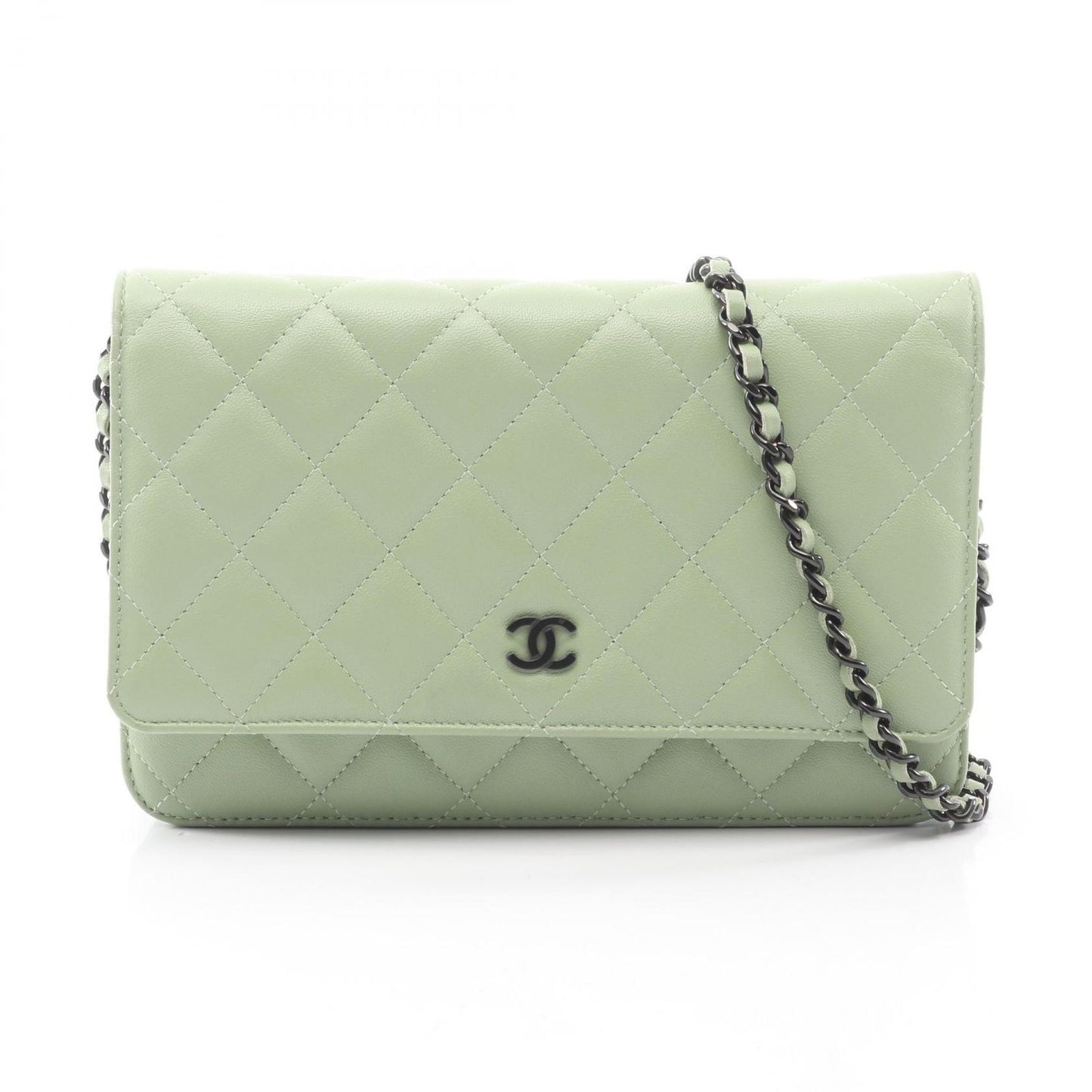 Chanel Shoulder Bag Quilted Black Light Green Lambskin Chain Wallet