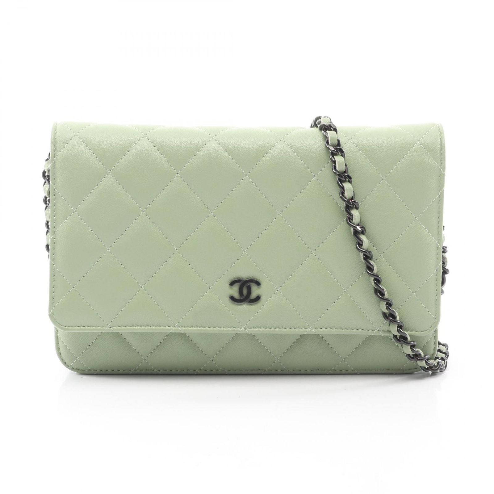Chanel Shoulder Bag Quilted Black Light Green Lambskin Chain Wallet