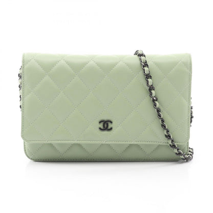 Chanel Shoulder Bag Quilted Black Light Green Lambskin Chain Wallet
