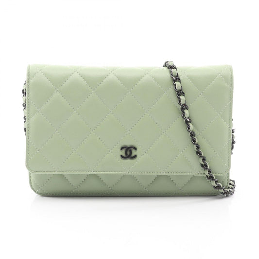 Chanel Shoulder Bag Quilted Black Light Green Lambskin Chain Wallet