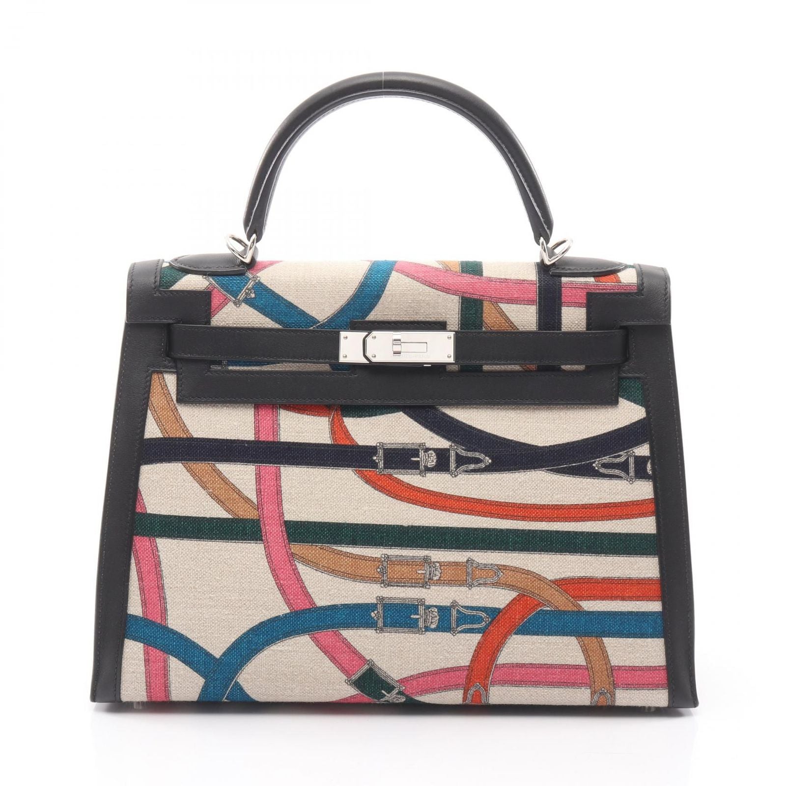 Hermes Handbag Kelly 32 Cavalcadour 2-Way Sellier Beige Black Multi Canvas