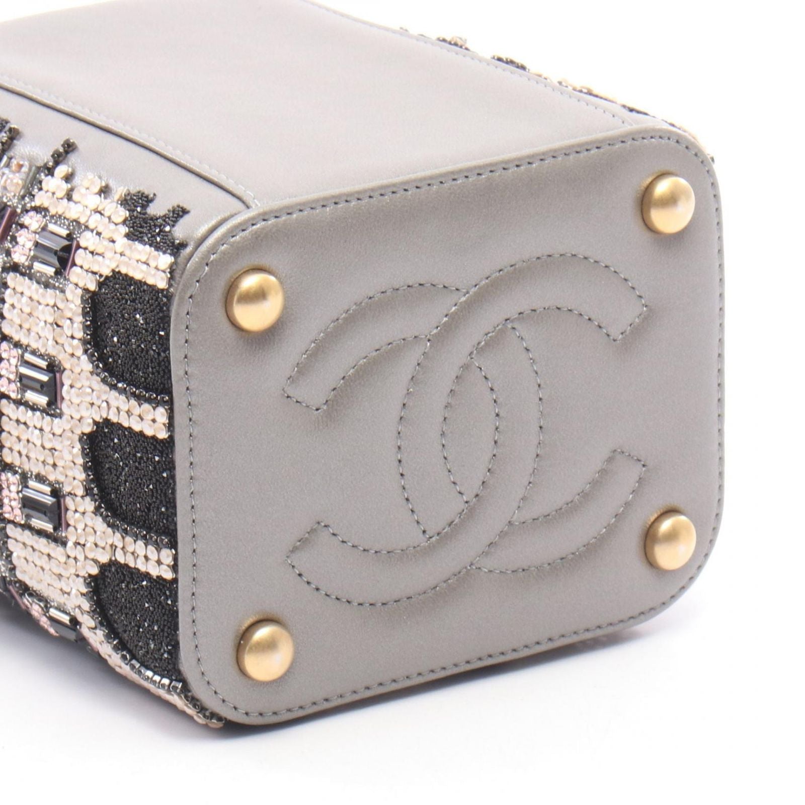 Chanel Shoulder Bag Small Bead Embroidery Silver Gray Lambskin — view 7