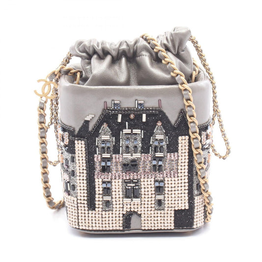 Chanel Shoulder Bag Small Bead Embroidery Silver Gray Lambskin