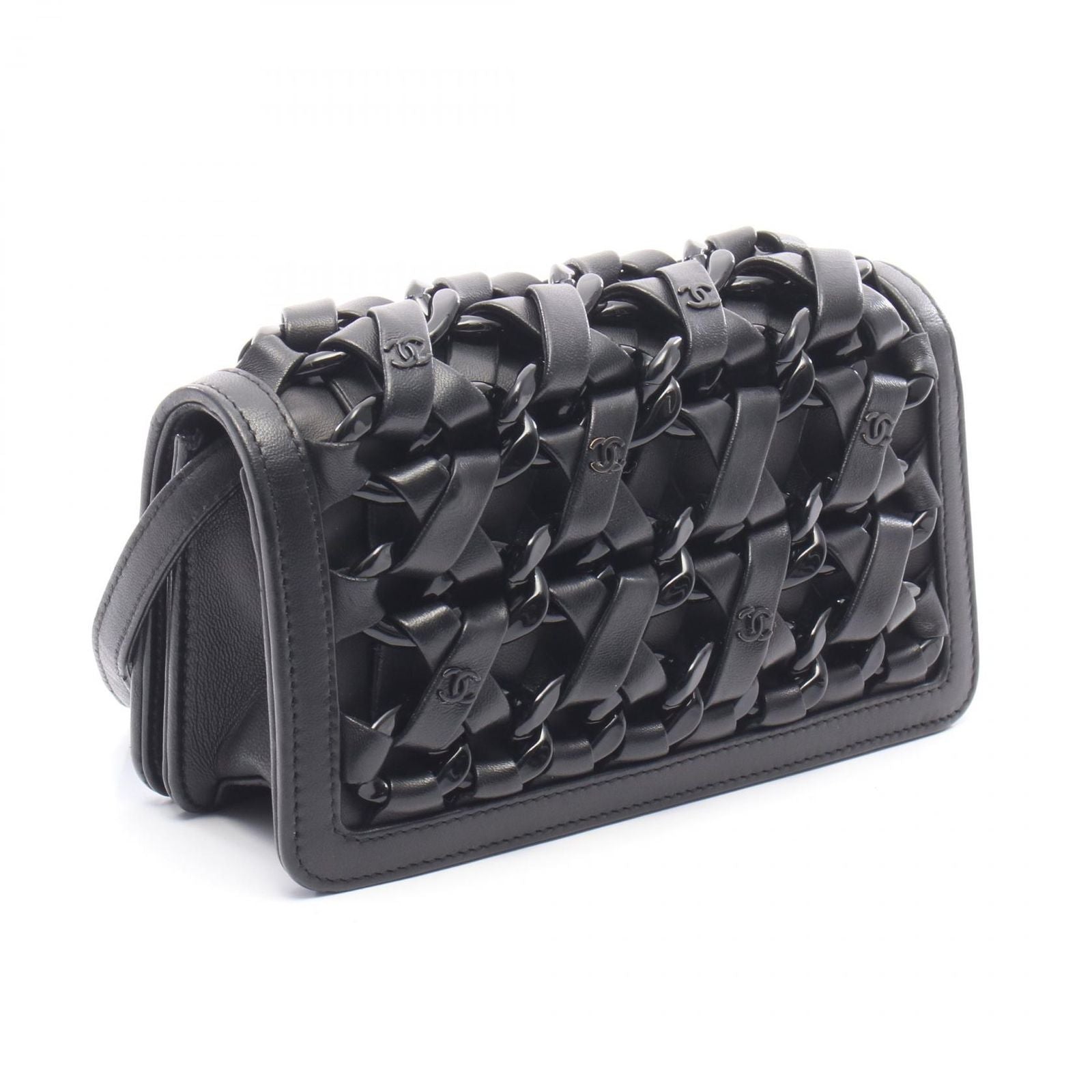 Chanel Shoulder Bag Interlace CC Logo Black Lambskin Chain — view 2