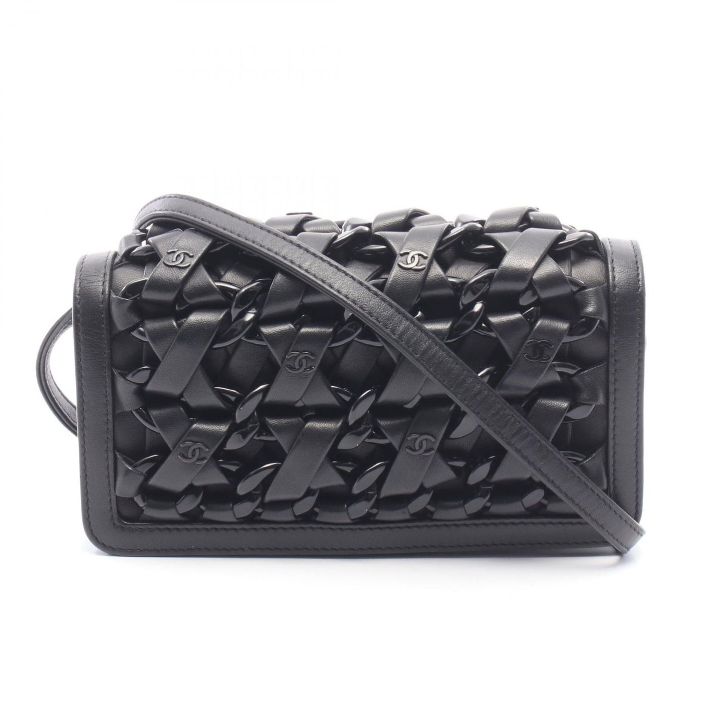 Chanel Shoulder Bag Interlace CC Logo Black Lambskin Chain