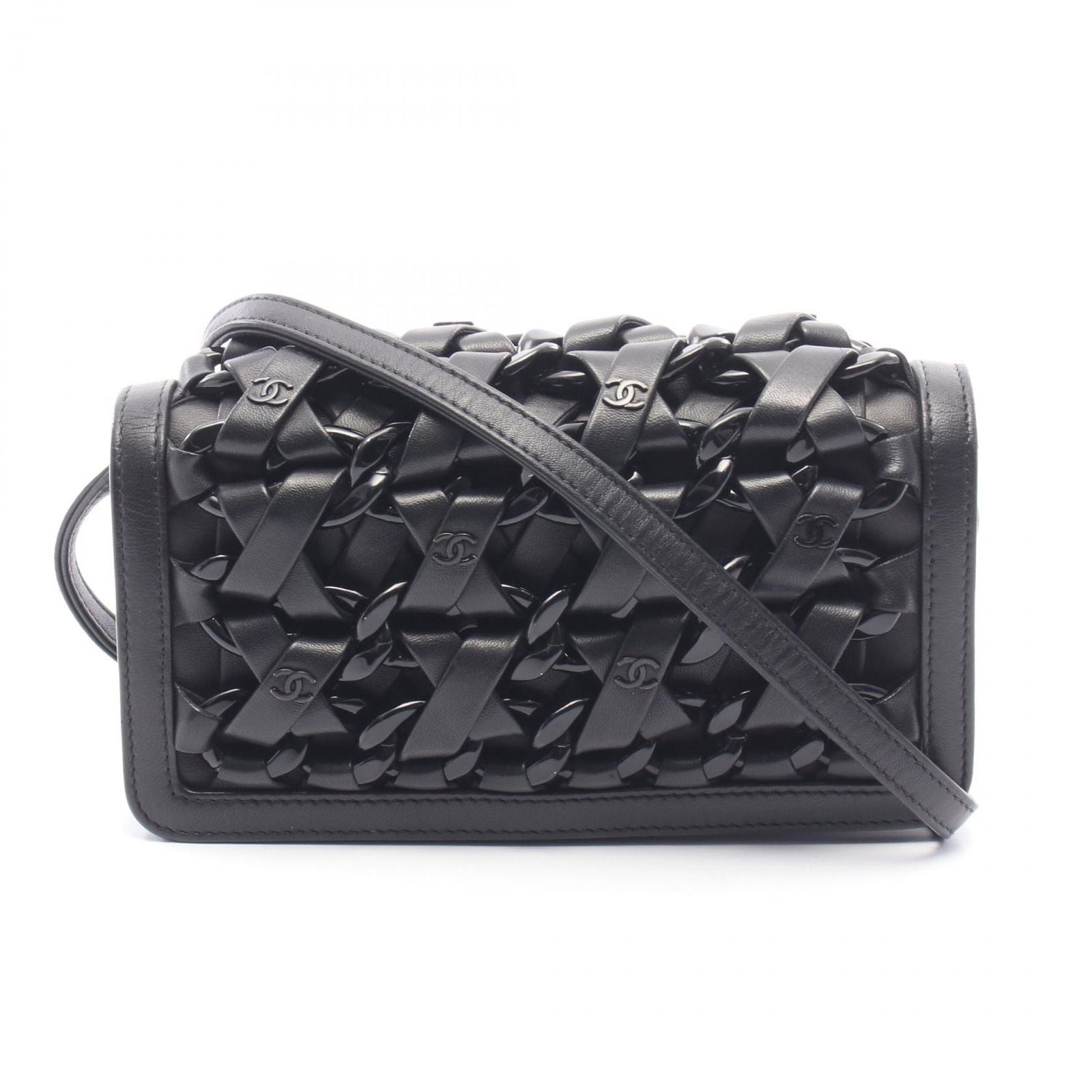 Chanel Shoulder Bag Interlace CC Logo Black Lambskin Chain