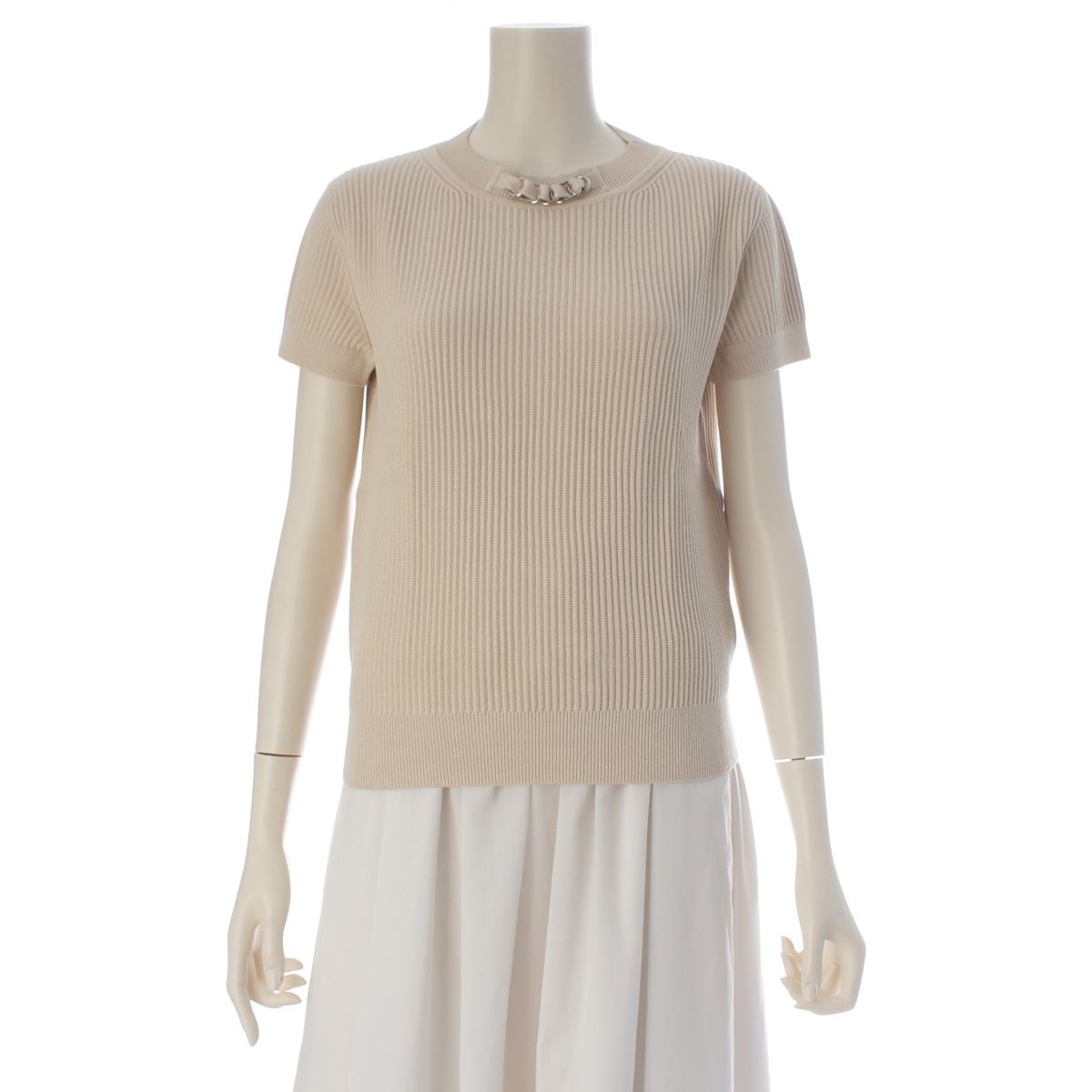 Hermes Rayon Silk Nylon Silver Chain Neck Short Sleeve Knit Top Beige 36 Sweater