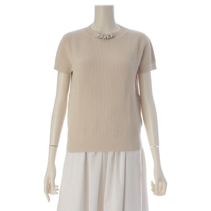 Hermes Rayon Silk Nylon Silver Chain Neck Short Sleeve Knit Top Beige 36 Sweater