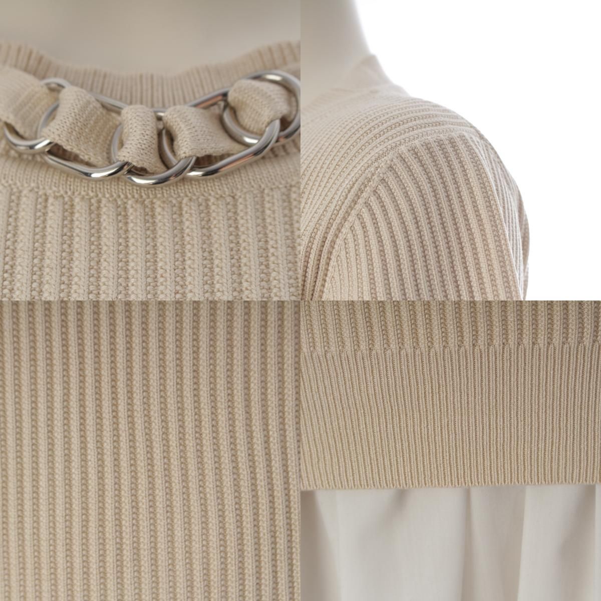 Hermes Rayon Silk Nylon Silver Chain Neck Short Sleeve Knit Top Beige 36 Sweater — view 8