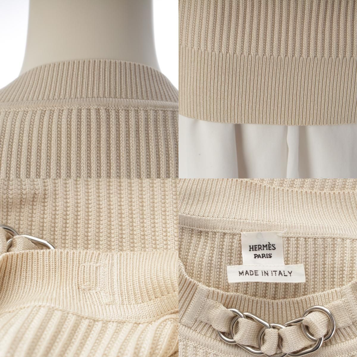 Hermes Rayon Silk Nylon Silver Chain Neck Short Sleeve Knit Top Beige 36 Sweater — view 9