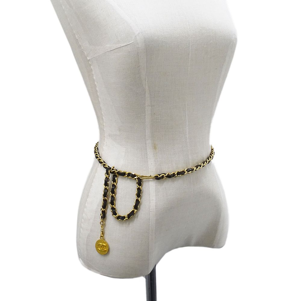 Chanel Belt Chain Leather Black Gold CC Logo — view 5