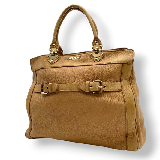 Miu Miu Miu Fiocco Tote Leather Beige Side Ribbon Gold Going Out Purse