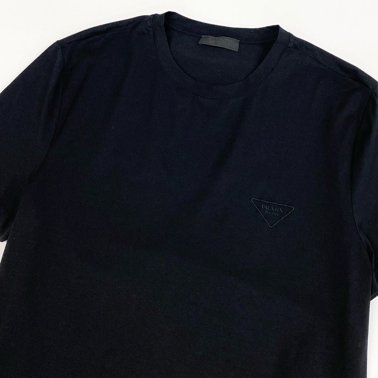 Prada Triangle Logo Embroidery Stretch Cotton Short Sleeve T-Shirt Top M Black — view 3