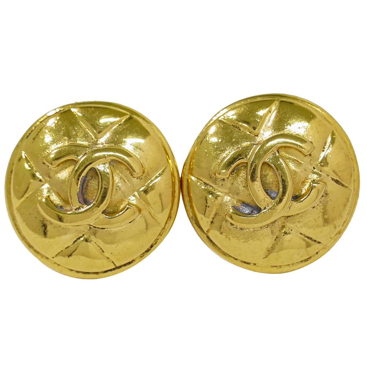 Chanel CC Logo Quilted Earrings Gold Plated