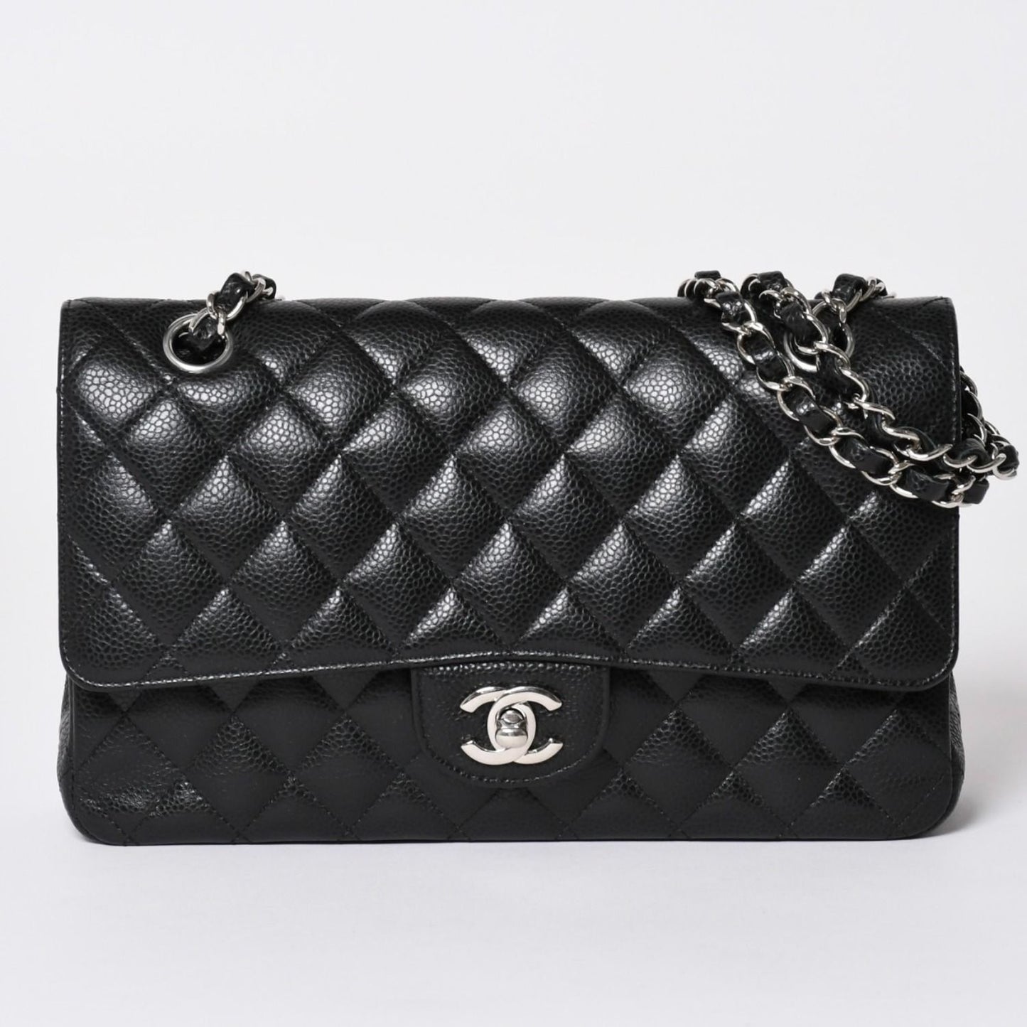 Chanel Quilted 25 Double Flap Chain Shoulder Bag Caviar Leather Silver