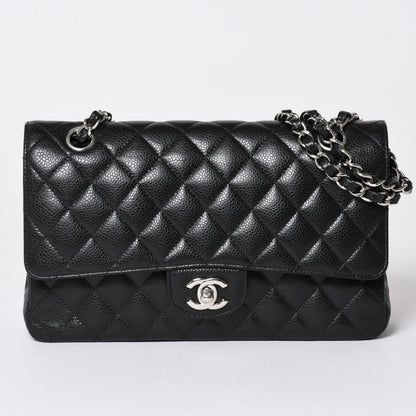 Chanel Quilted 25 Double Flap Chain Shoulder Bag Caviar Leather Silver