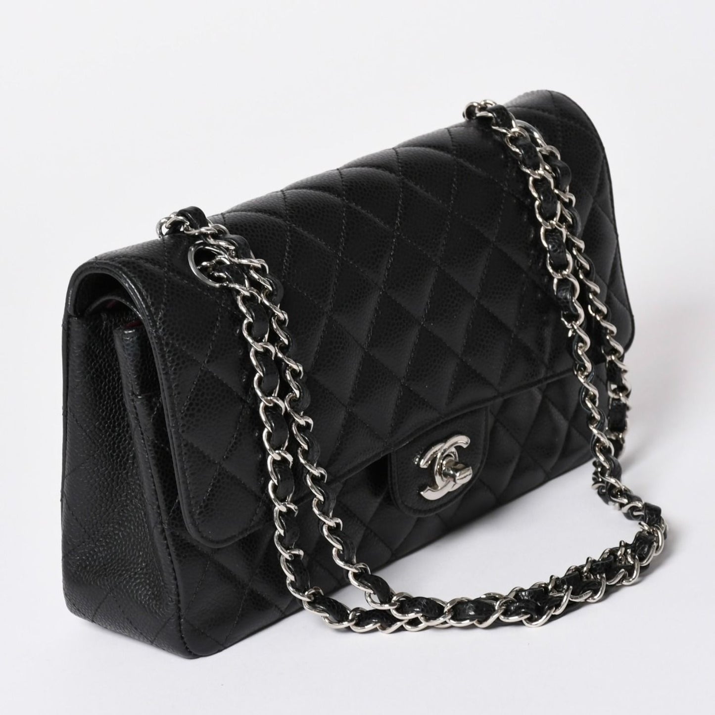 Chanel Quilted 25 Double Flap Chain Shoulder Bag Caviar Leather Silver — view 3