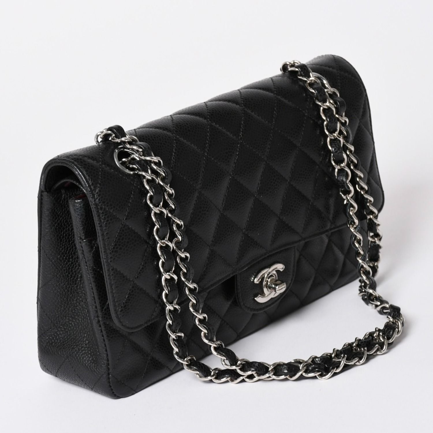 Chanel Quilted 25 Double Flap Chain Shoulder Bag Caviar Leather Silver — view 3