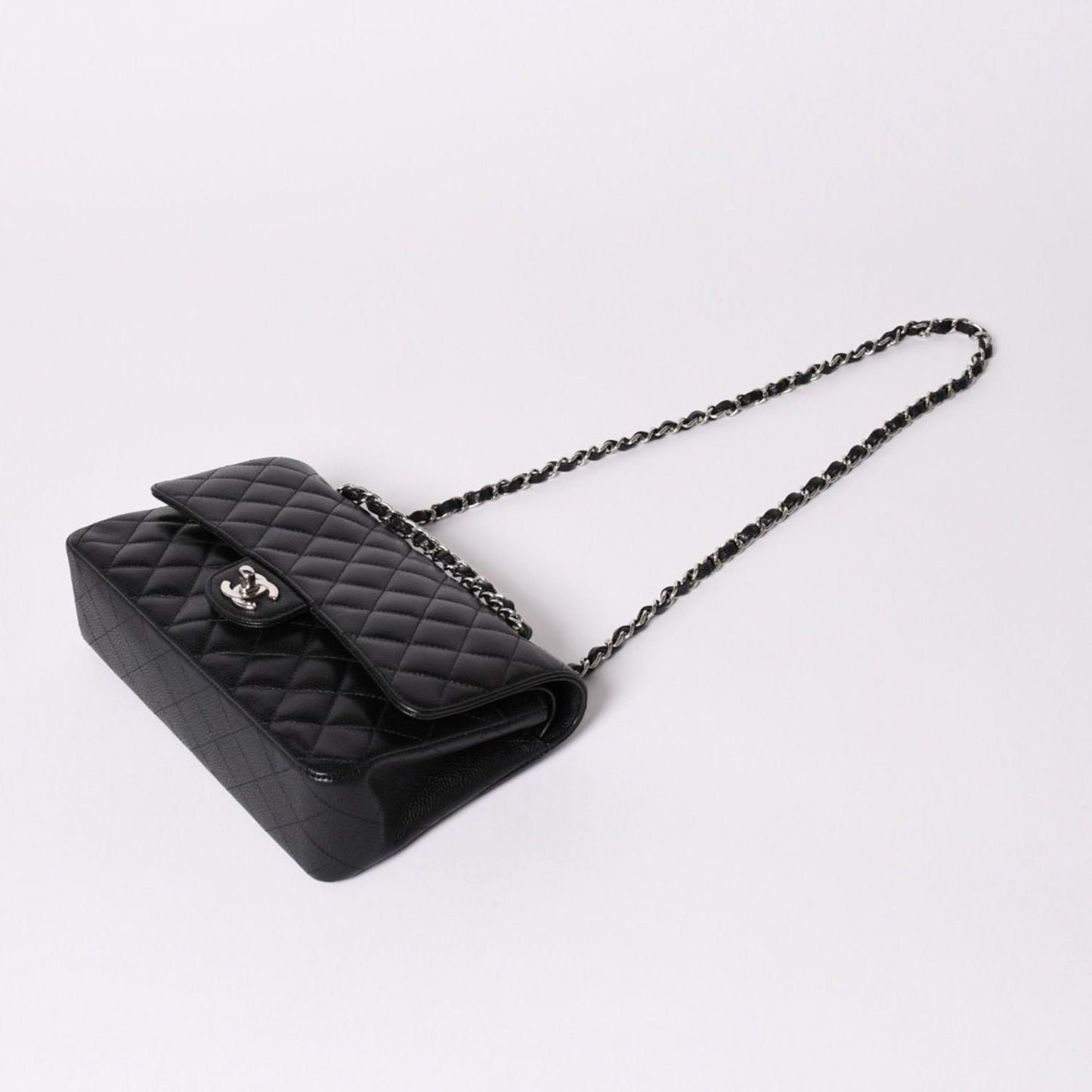 Chanel Quilted 25 Double Flap Chain Shoulder Bag Caviar Leather Silver — view 6