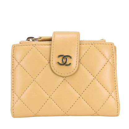 Chanel Coin Case Quilted Compact Wallet Card Lambskin Beige Gold CC Logo