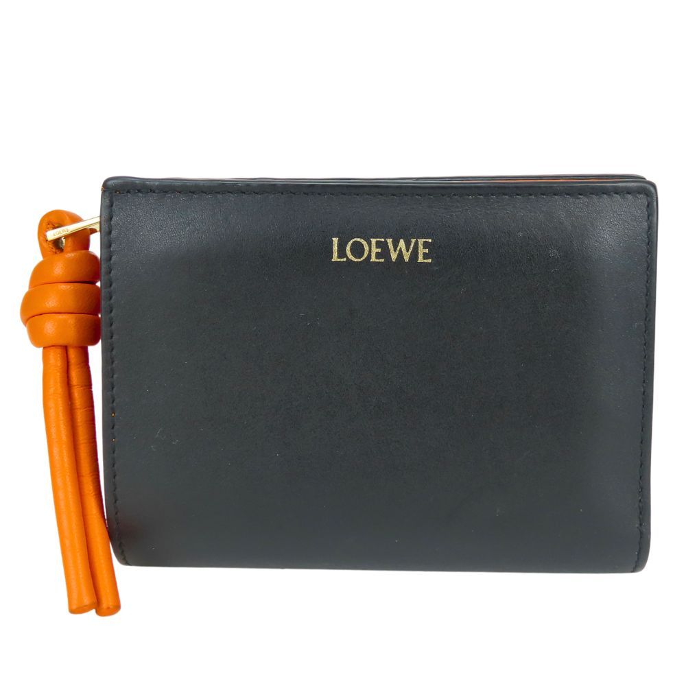 Loewe Bifold Wallet Knot Compact Shiny Bicolor Leather Black Orange Daily