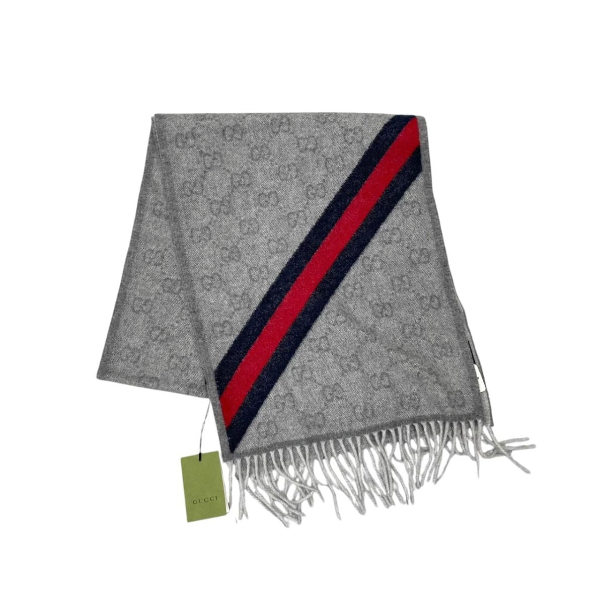 Gucci Scarf GG Pattern Webbing Line Wool Gray Blue
