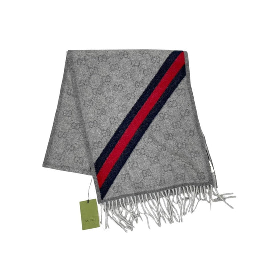 Gucci Scarf GG Pattern Webbing Line Wool Gray Blue