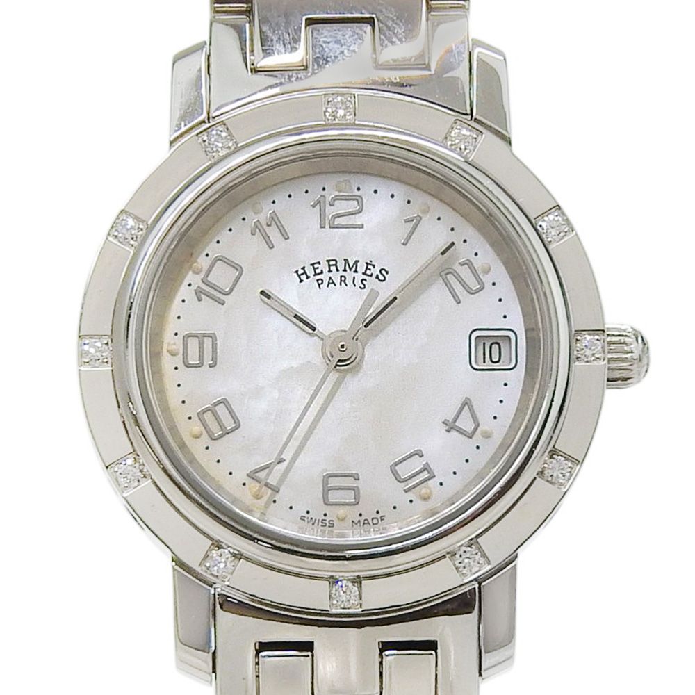 Hermes Clipper Cles Stainless Steel Diamond Silver Quartz Analog Display White