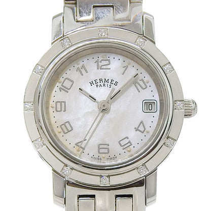 Hermes Clipper Cles Stainless Steel Diamond Silver Quartz Analog Display White