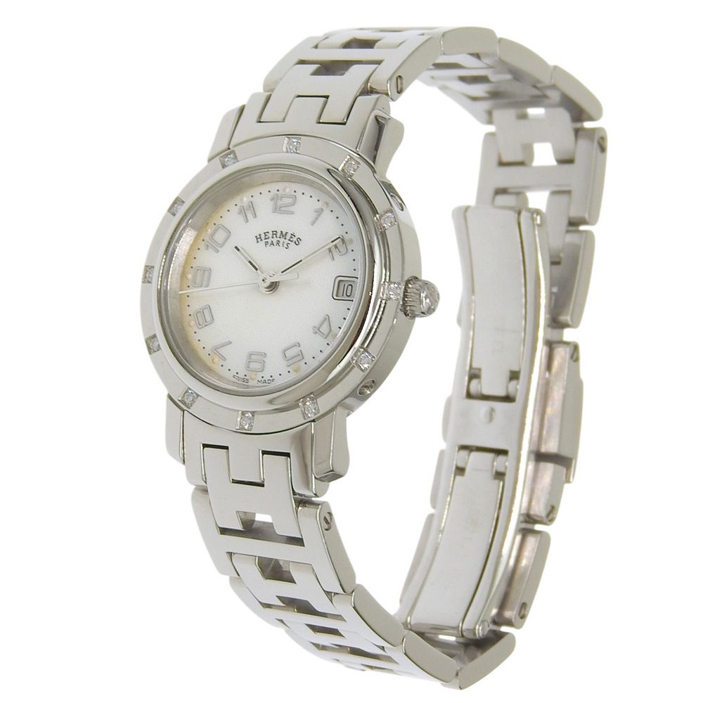 Hermes Clipper Cles Stainless Steel Diamond Silver Quartz Analog Display White — view 2
