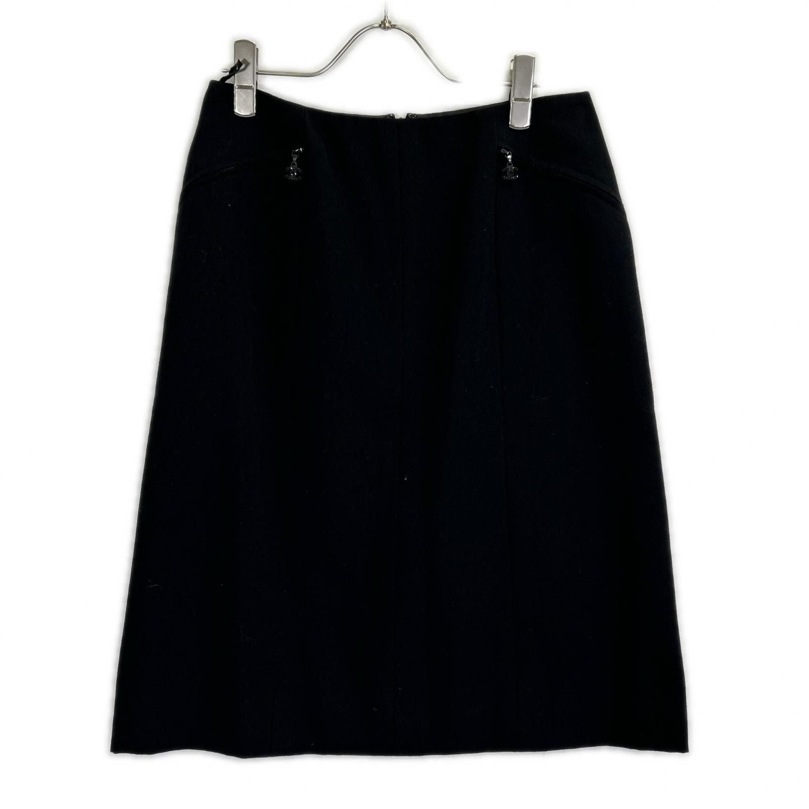 Chanel Black Wool CC Logo Zipper Midi Skirt 38