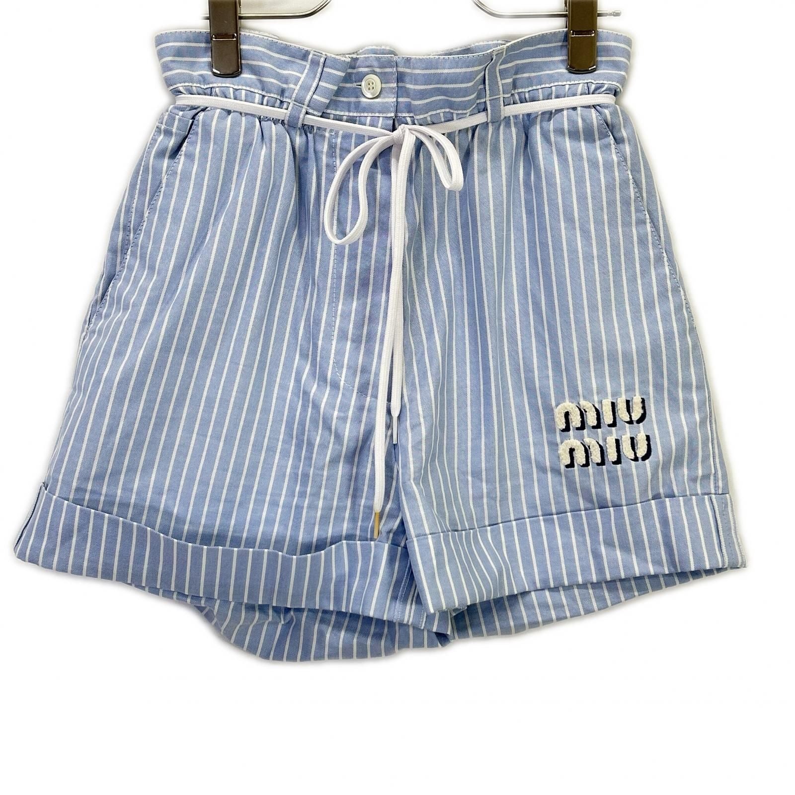 Miu Miu Blue White Chenille Logo Striped Shorts 36