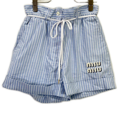 Miu Miu Blue White Chenille Logo Striped Shorts 36