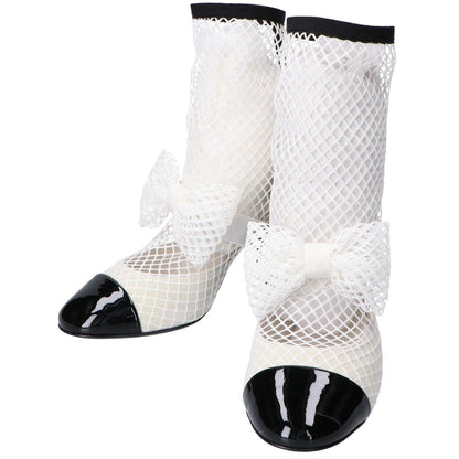 Chanel Ribbon Pearl CC Logo Patent Leather Mesh Short Boots
