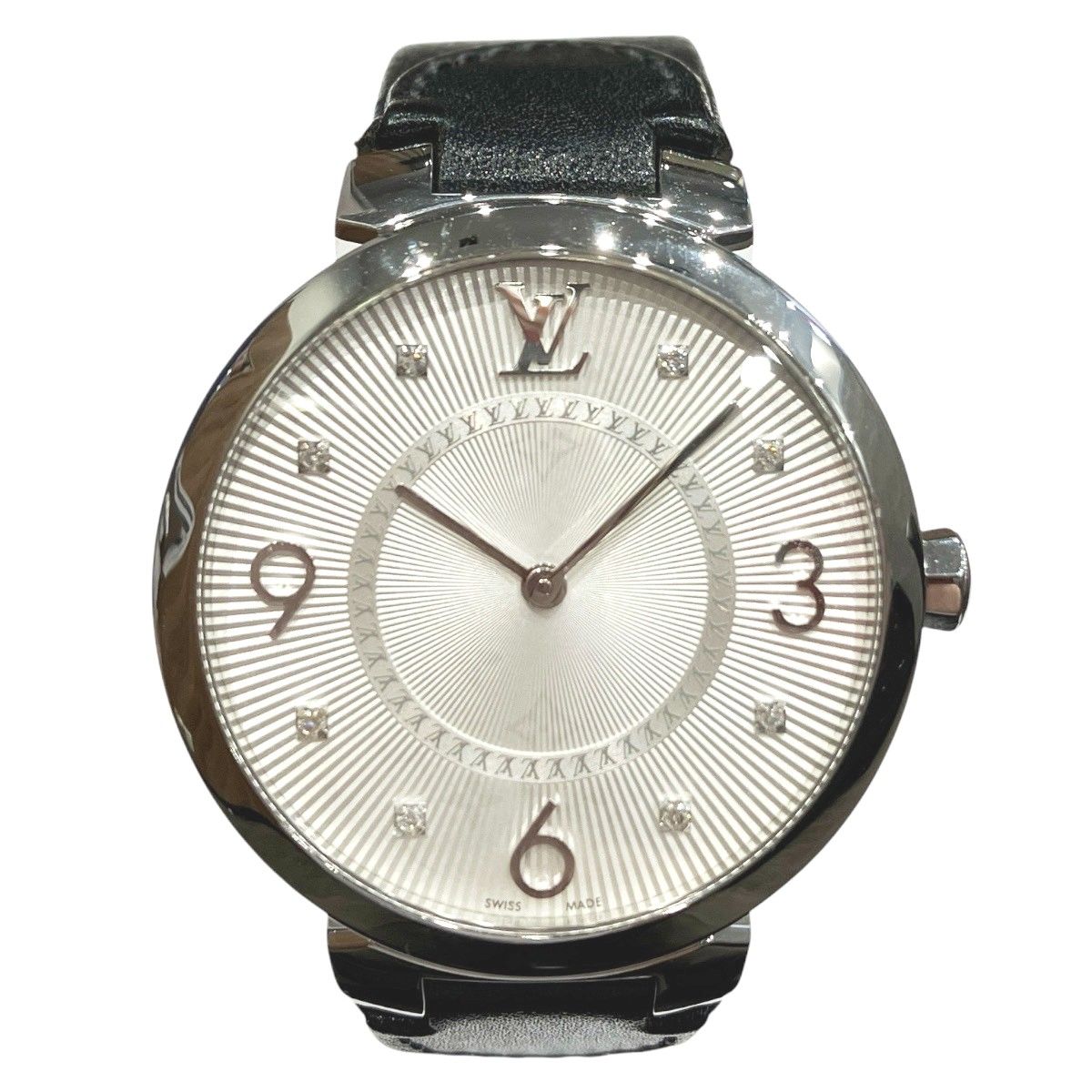 Louis Vuitton Tambour Watch SS Leather Quartz Silver Dial