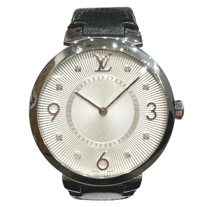 Louis Vuitton Tambour Watch SS Leather Quartz Silver Dial