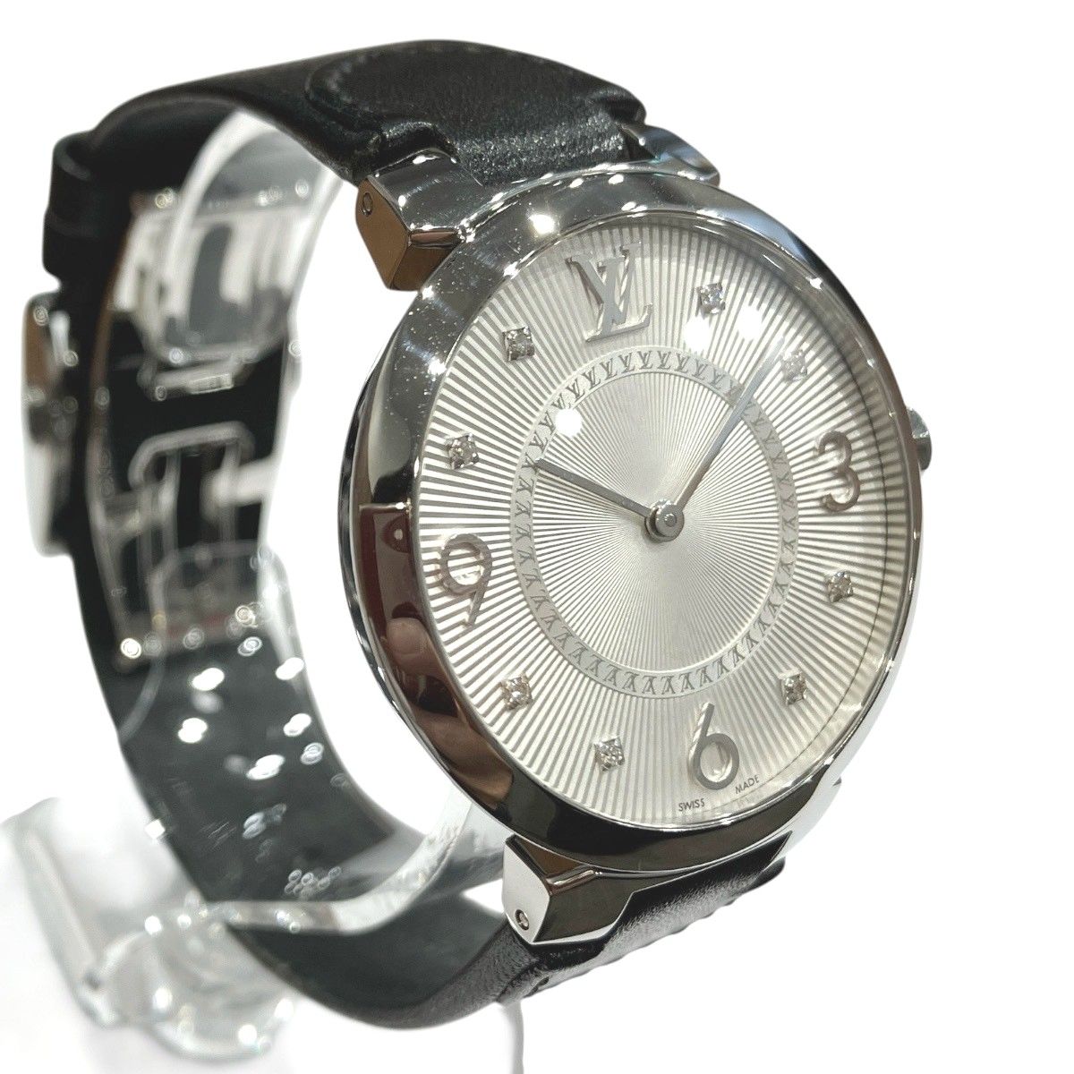 Louis Vuitton Tambour Watch SS Leather Quartz Silver Dial — view 3