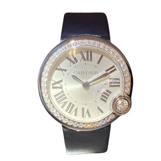 Cartier Baron Blue de Watch SS Leather Diamond Quartz Silver Dial
