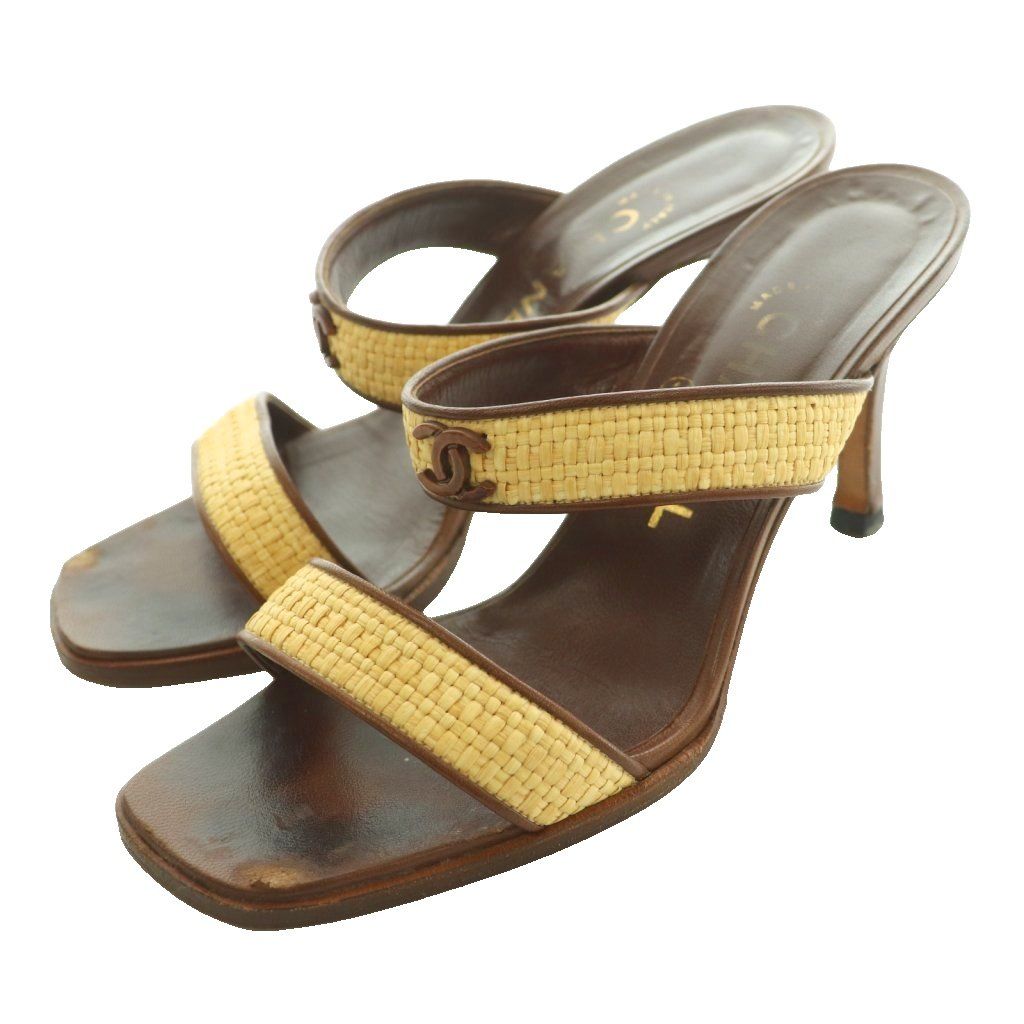 Chanel Sandals Raffia Leather CC Logo Square Toe High Heels 36 Brown Beige SS
