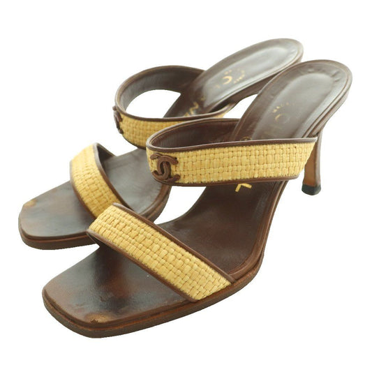 Chanel Sandals Raffia Leather CC Logo Square Toe High Heels 36 Brown Beige SS