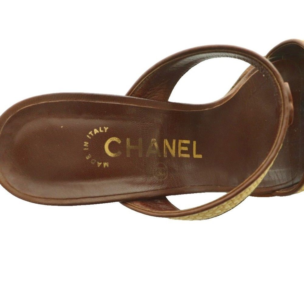 Chanel Sandals Raffia Leather CC Logo Square Toe High Heels 36 Brown Beige SS — view 7