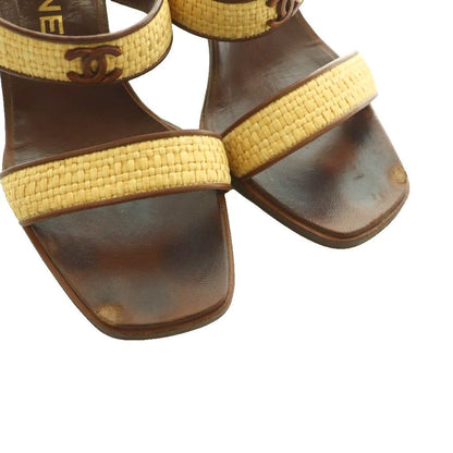 Chanel Sandals Raffia Leather CC Logo Square Toe High Heels 36 Brown Beige SS — view 3