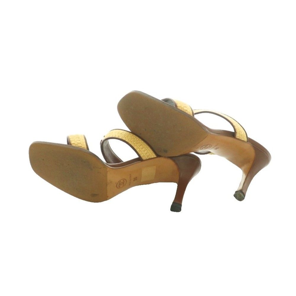 Chanel Sandals Raffia Leather CC Logo Square Toe High Heels 36 Brown Beige SS — view 6