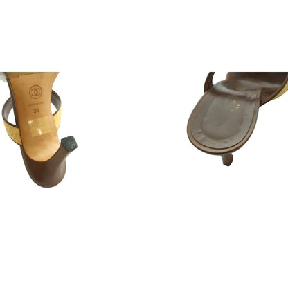 Chanel Sandals Raffia Leather CC Logo Square Toe High Heels 36 Brown Beige SS — view 9