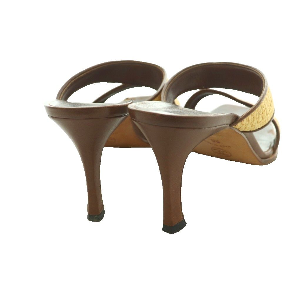 Chanel Sandals Raffia Leather CC Logo Square Toe High Heels 36 Brown Beige SS — view 5